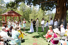 Ceremony taking place between the tree and gazebo at Tahoe Paradise Park