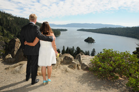 Newlyweds at the overlook of Emerald Bay